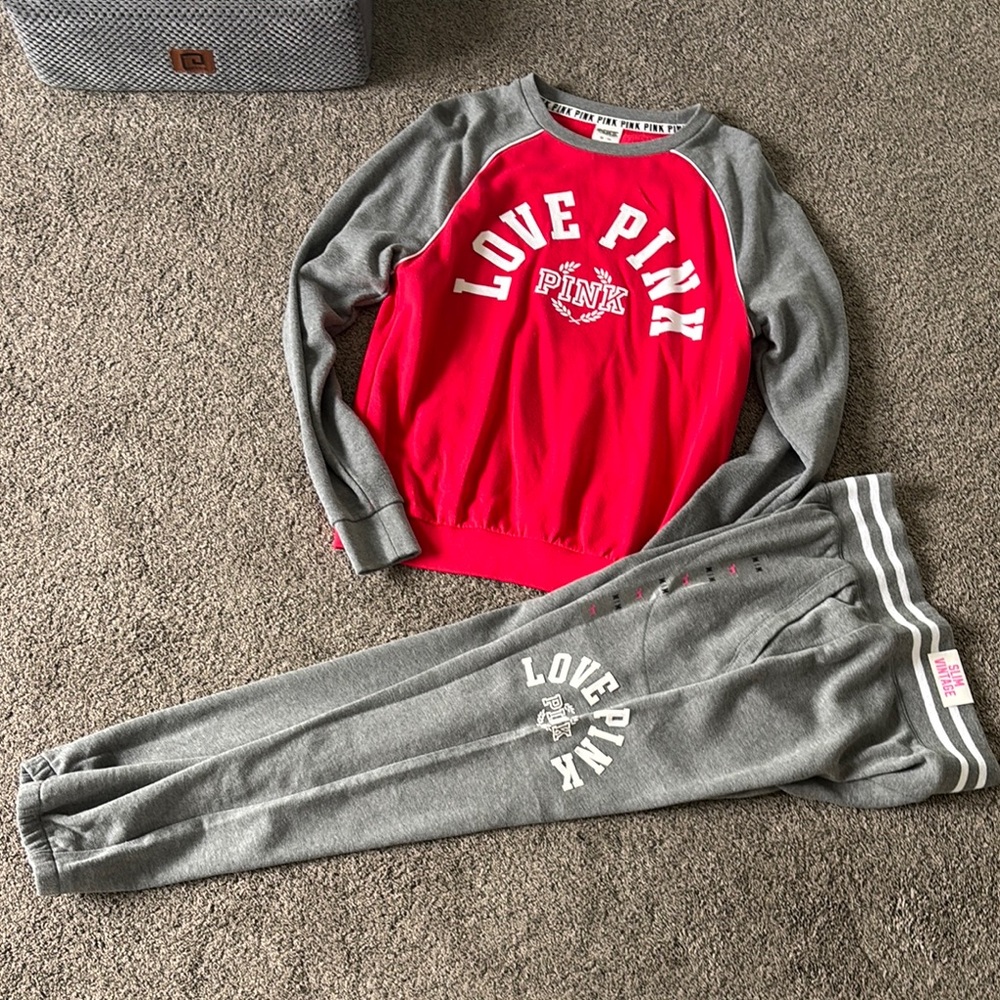 New Victoria's Secret PINK Red and Gray Sweatshirt and Joggers Set